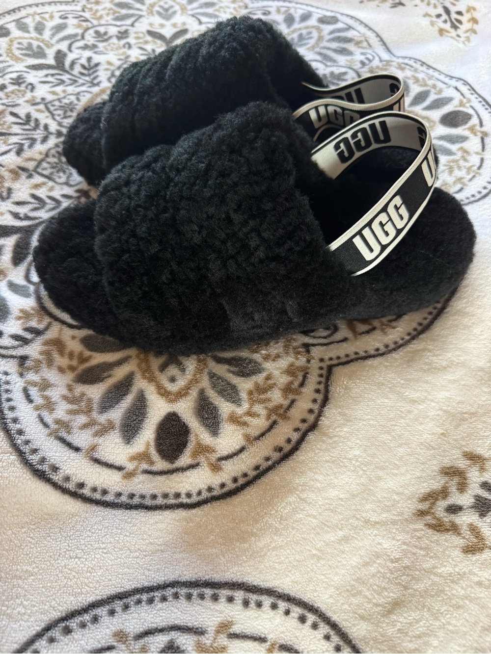 Woman’s  Fuzzy UGG Slip-On with Branded Heel Strap